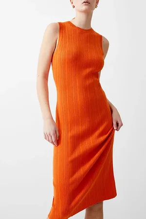 French Connection Sleeveless Knit Rib Dress Midi Mandarin