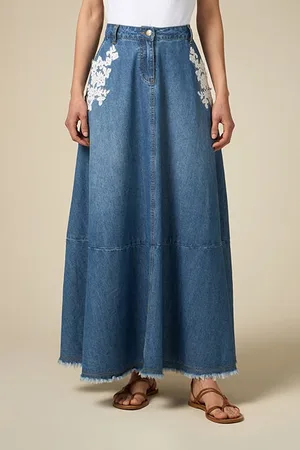 Oltre Denim Long Skirt With Embroidery Blue