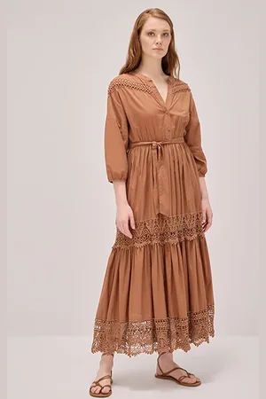 Oltre Long Dress With Crochet Inserts Natural