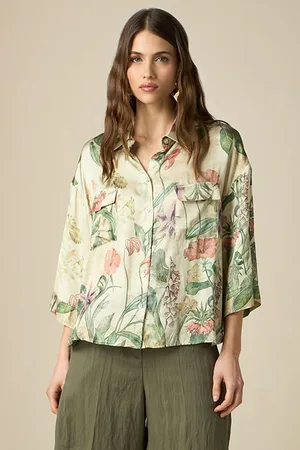 Oltre Patterned Eco-friendly Satin Boxy-cut Shirt Green