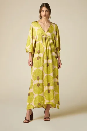 Oltre Long Patterned Viscose Dress Natural