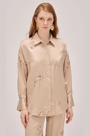 Oltre Satin Shirt With Sequin Embroidery Beige