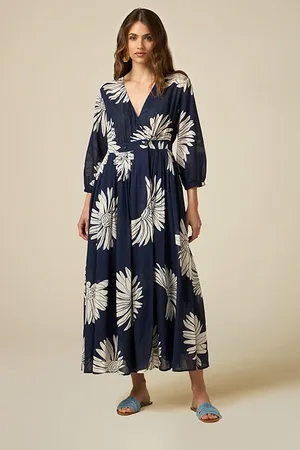 Oltre Long Cotton Muslin Dress With Pattern Blue