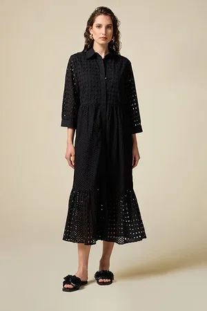 Oltre Long Broderie Anglaise Chemisier Dress Black