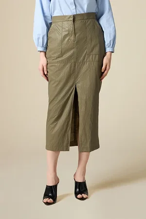 Oltre Crinkled Fabric Midi Pencil Skirt Green