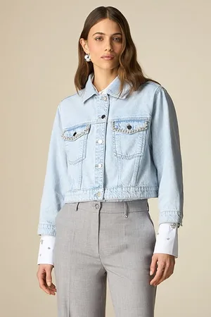 Oltre Cropped Denim Trucker Jacket With Crystals Blue