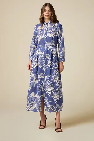 Oltre Patterned Cotton Long Chemisier Dress Blue