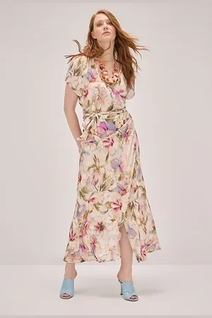 Oltre Long Floral Print Dress Natural