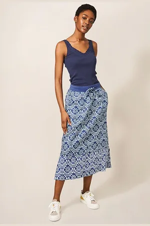 White Stuff Effie Linen Skirt Blue Mlt