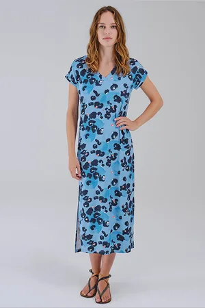 Sandwich Lange Jurk Met Aqua Dot Print Blissful Blue