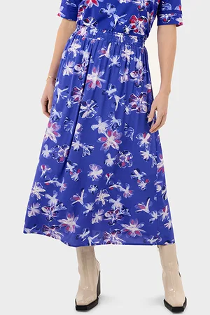 Sandwich A-line Floral Print Skirt With Elastic Band Spectrum Blue