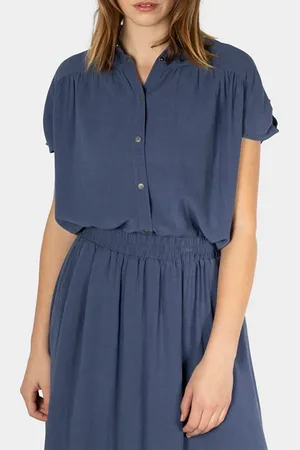 Sandwich Blouse Woven Cap Sleeves Blue Indigo
