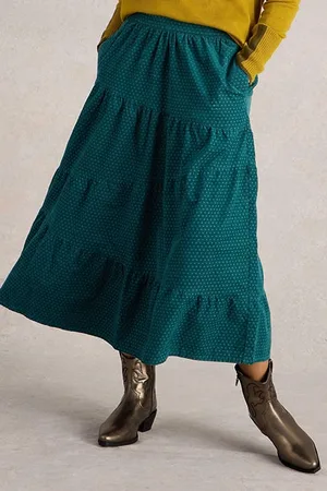 White Stuff Jenna Cord Tiered Skirt Dark Green