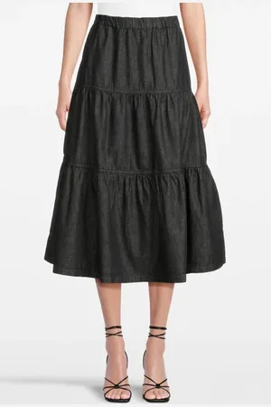White Stuff Mia Tiered Denim Midi Skirt Black Denim
