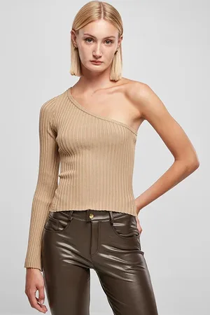 Urban classics Ladies Short Rib Knit One Sleeve Sweater Unionbeige
