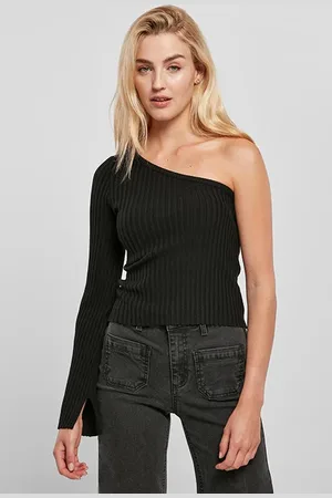 Urban classics Ladies Short Rib Knit One Sleeve Sweater Black