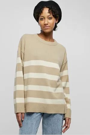 Urban classics Ladies Striped Knit Crew Sweater Wetsand/sand