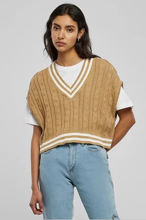 Urban classics Ladies Cropped Knit College Slipover Unionbeige