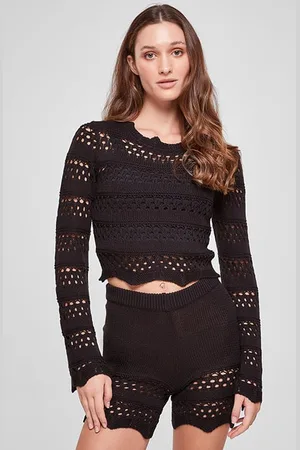 Urban classics Ladies Cropped Crochet Knit Sweater Black