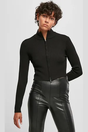 Urban classics Ladies Cropped Rib Knit Zip Cardigan Black