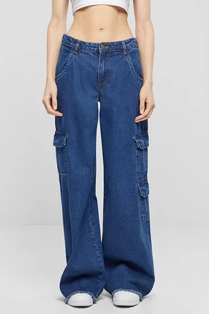 Urban classics Ladies Mid Waist Cargo Denim Pants Mid Indigo Washed