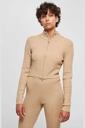 Urban classics Ladies Cropped Rib Knit Zip Cardigan Unionbeige
