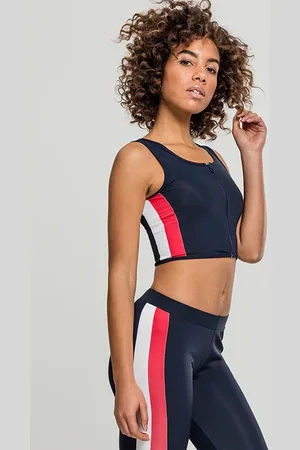 Urban classics Ladies Side Stripe Cropped Zip Top Navy/fire Red/white