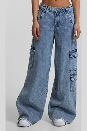 Urban classics Ladies Mid Waist Cargo Denim Pants Vintage Lightblue Washed