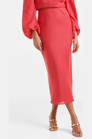 Forever New Molly Linen Bias Midi Skirt Hot Raspberry