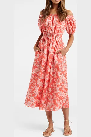 Forever New Milan Bardot Midi Dress Coral Tropical Sunset