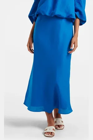 Forever New Molly Linen Bias Midi Skirt Blue Pigment