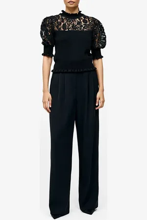 French Connection Crochet Lace Mix Knit Top Black