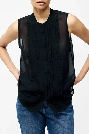 French Connection Frill Sleeveless Henley Button Down Tank Top Black