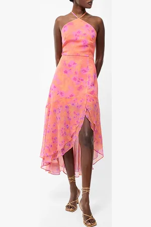 French Connection Arla Ruffle Halterneck Dress Coral Multi