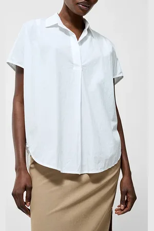 French Connection Broderie Back Short Sleeve Popover Shirt Linen White