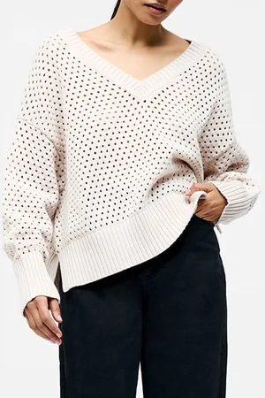 French Connection Crochet Knit V Neck Sweater Oatmeal