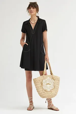 OKY Textured Knit Flared Dress Black Stitches Ecru