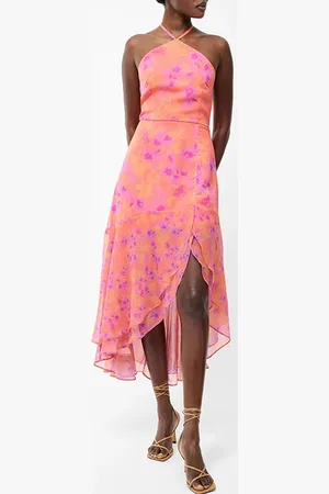 French Connection Arla Ruffle Halterneck Dress Sz18 Coral Multi