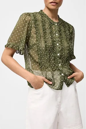 French Connection Polka Dot Short Sleeve Ruffle Top Sz18 Khaki/summer