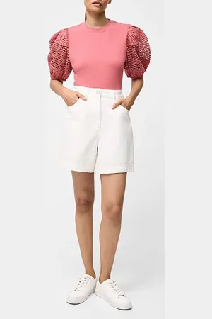 French Connection Crochet Lace Puff Sleeve Top Rose Kiss