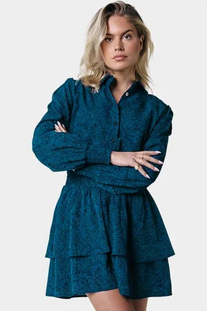 Colourful rebel Sacha Floral Ruffle Dress Ls Deep Teal