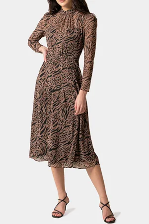 Forever New Paige Long Sleeve Midi Dress Textured Animal