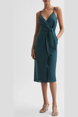 Reiss Elsie-linen Tie Side Midi Dark Teal