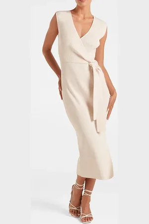 Forever New Jacinta Extended Shoulder Half Wrap Midi Dress Cream