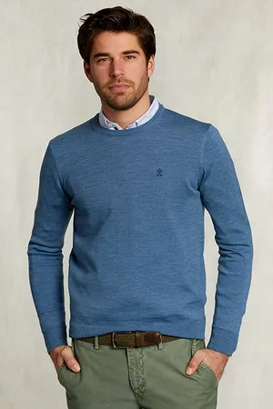 River Woods Custom Fit Merino Crew Neck Pullover Dark Mombasa Mix Blue