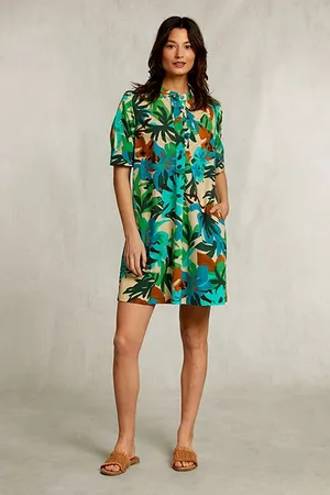 River Woods Multi Floral Belted Dress 3/4 Sleeves Green