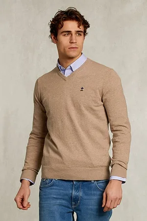 River Woods Normal Fit Basic Cotton V-neck Pullover Desert Mix Brown