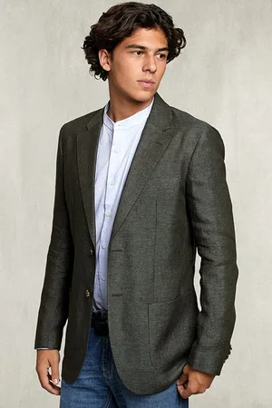 River Woods Linen Blazer Applied Pockets Khaki Blue