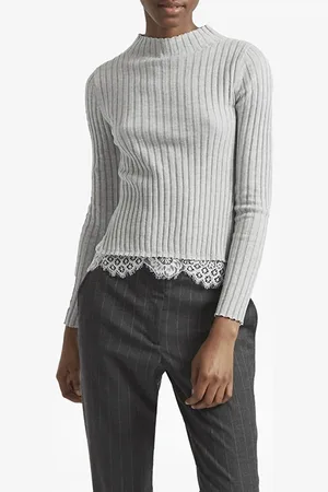 French Connection Nicola Knits Lace High Neck Jumper Lght Gry Mel/wintwht