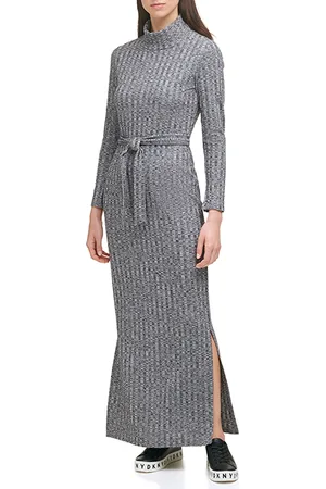 DKNY L/s Turtleneck Midi Dress W/ Belt Hthr Grey